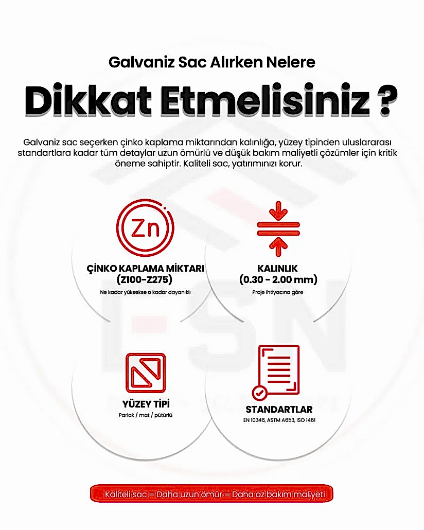 galvaniz sac 8 Galvaniz sac alırken dikkat edilmesi gerekenler: çinko kaplama miktarı, kalınlık, yüzey tipi, standartlar